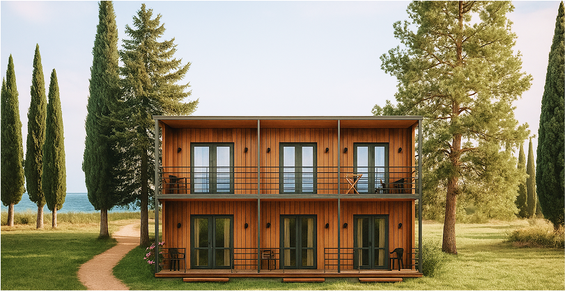 Изображение Отеля из 6 модулей, рядом кипарисы на заднем плане море