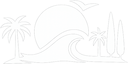 Логотип - солнце, волна, по бокам пальмы и кипарисы. Монохромный в белых цветах