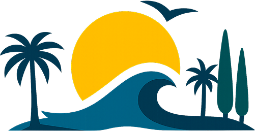 Логотип - солнце, волна, по бокам пальмы и кипарисы